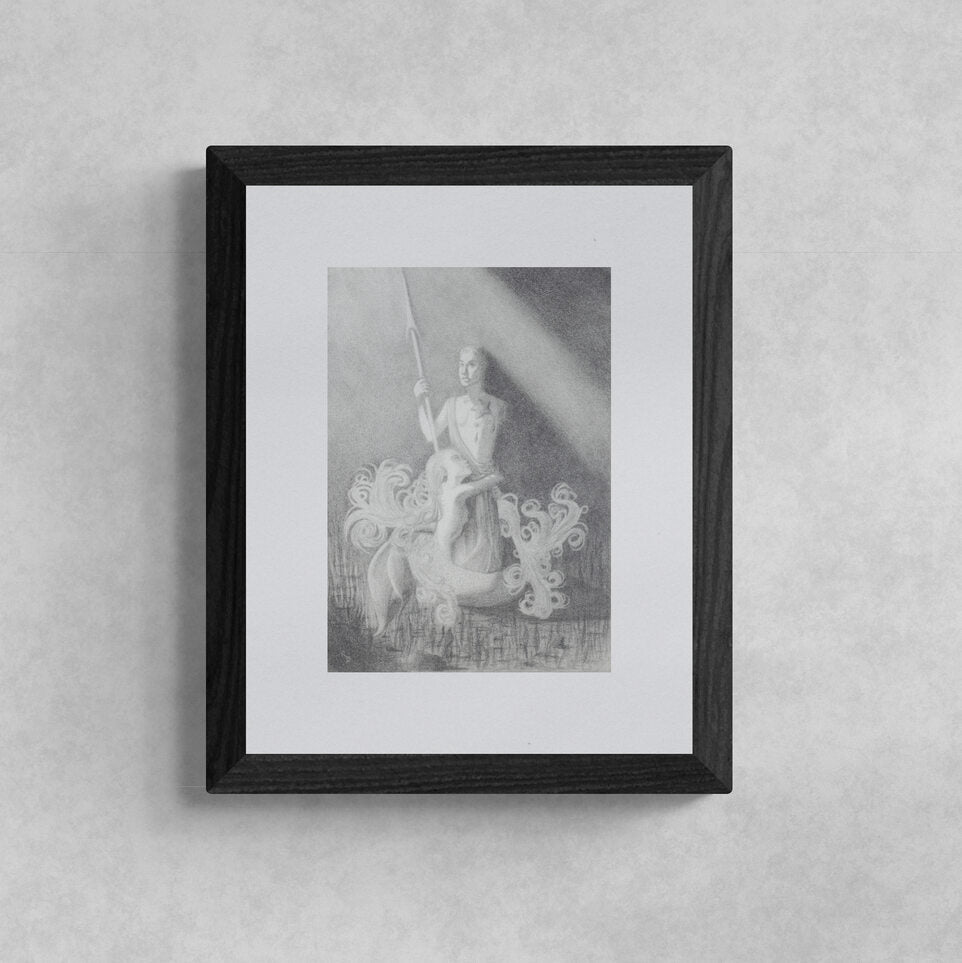 A framed pencil illustration of the Little Mermaid underwater, displaying detailed hair and fins, set against a neutral wall.