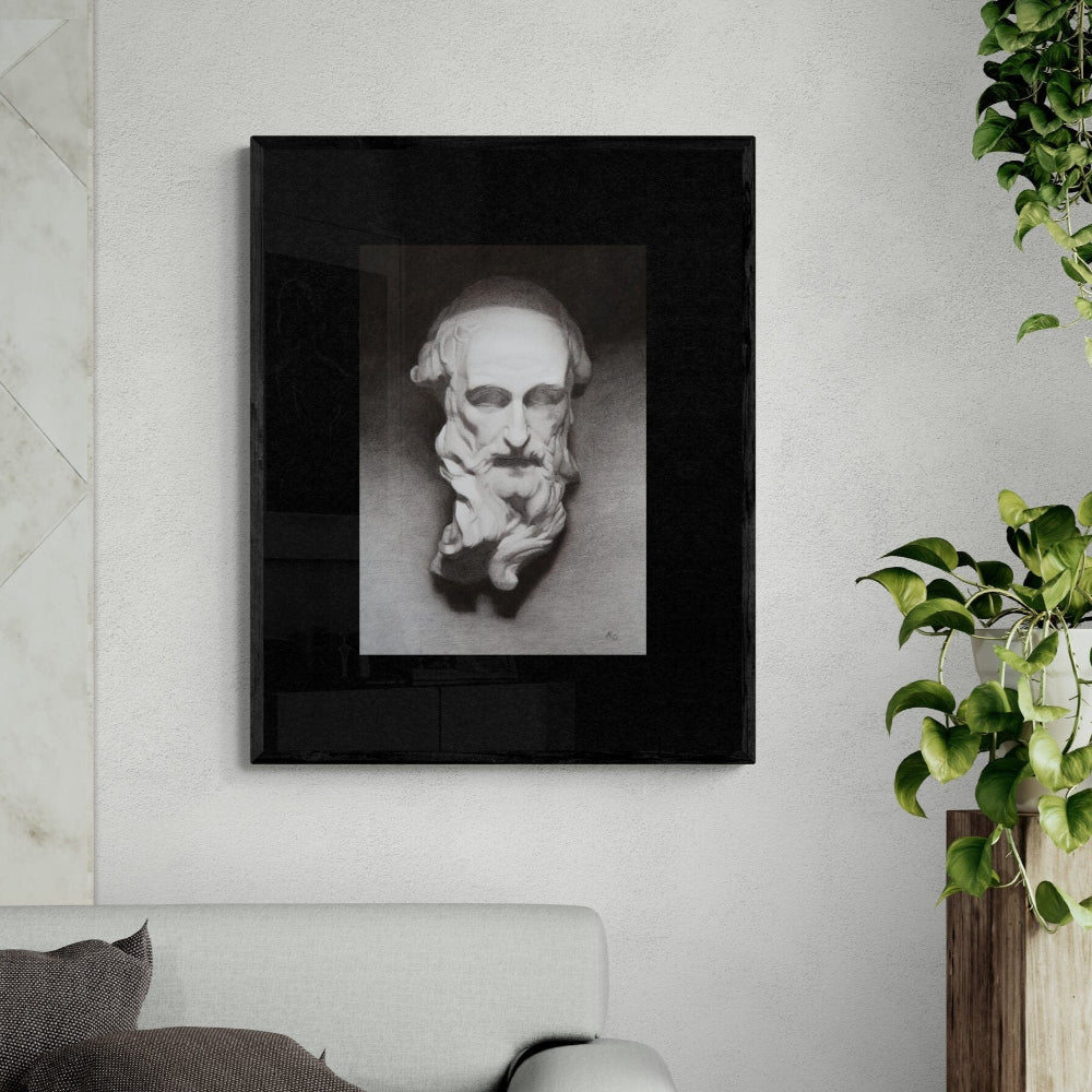 Framed black and white portrait of a face on a wall in a room with a plant and sofa.