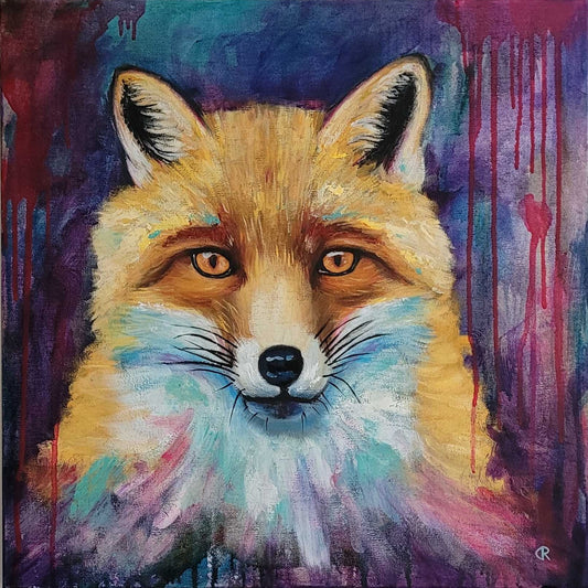 Colorful painting of a fox with abstract background