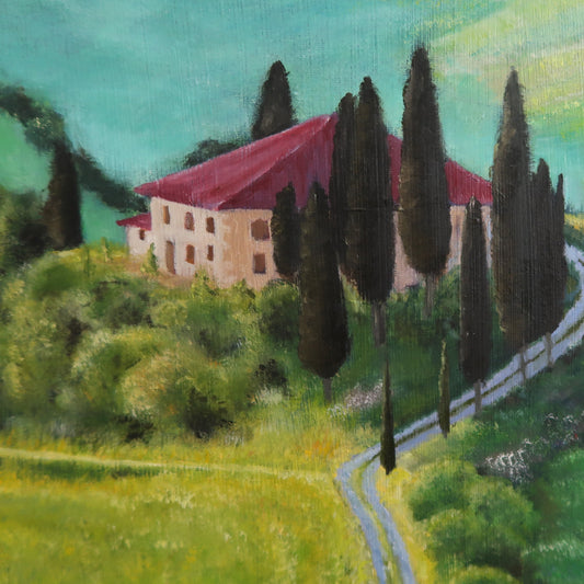 Painting of a house with a red roof surrounded by trees and greenery