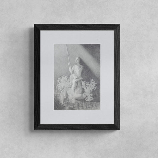 A framed pencil illustration of the Little Mermaid underwater, displaying detailed hair and fins, set against a neutral wall.