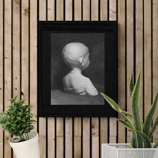 This image displays a realistic charcoal drawing of a young child, presented in a black frame. The artwork is depicted on a wall, accompanied by a wooden texture and flanked by two potted plants, enhancing the visual aesthetic.