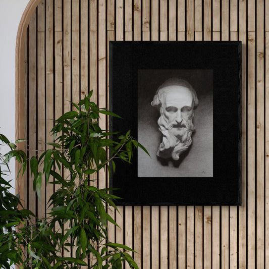 Charcoal drawing of a person's head and shoulders displayed in a black frame, mounted on a wooden wall with a green plant beside it.