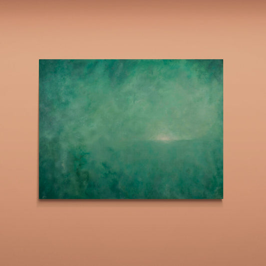 This image features an abstract acrylic landscape painting titled "Drifting Home." The painting exudes a serene and calming atmosphere through its muted and blending green tones, which evoke a sense of peace and tranquility.